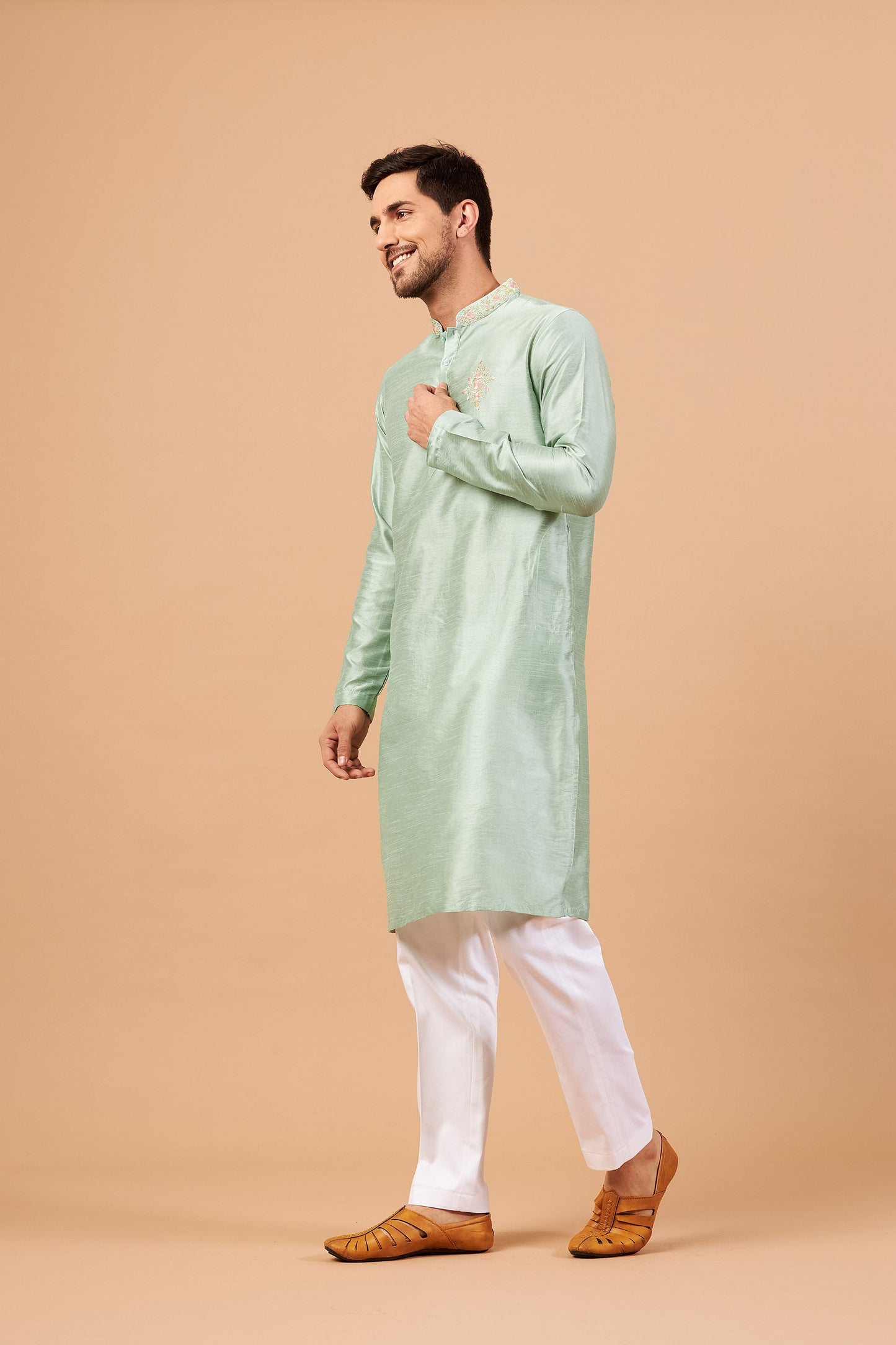 Pastel Green Cotton Embroidery Festive ( only Kurta )