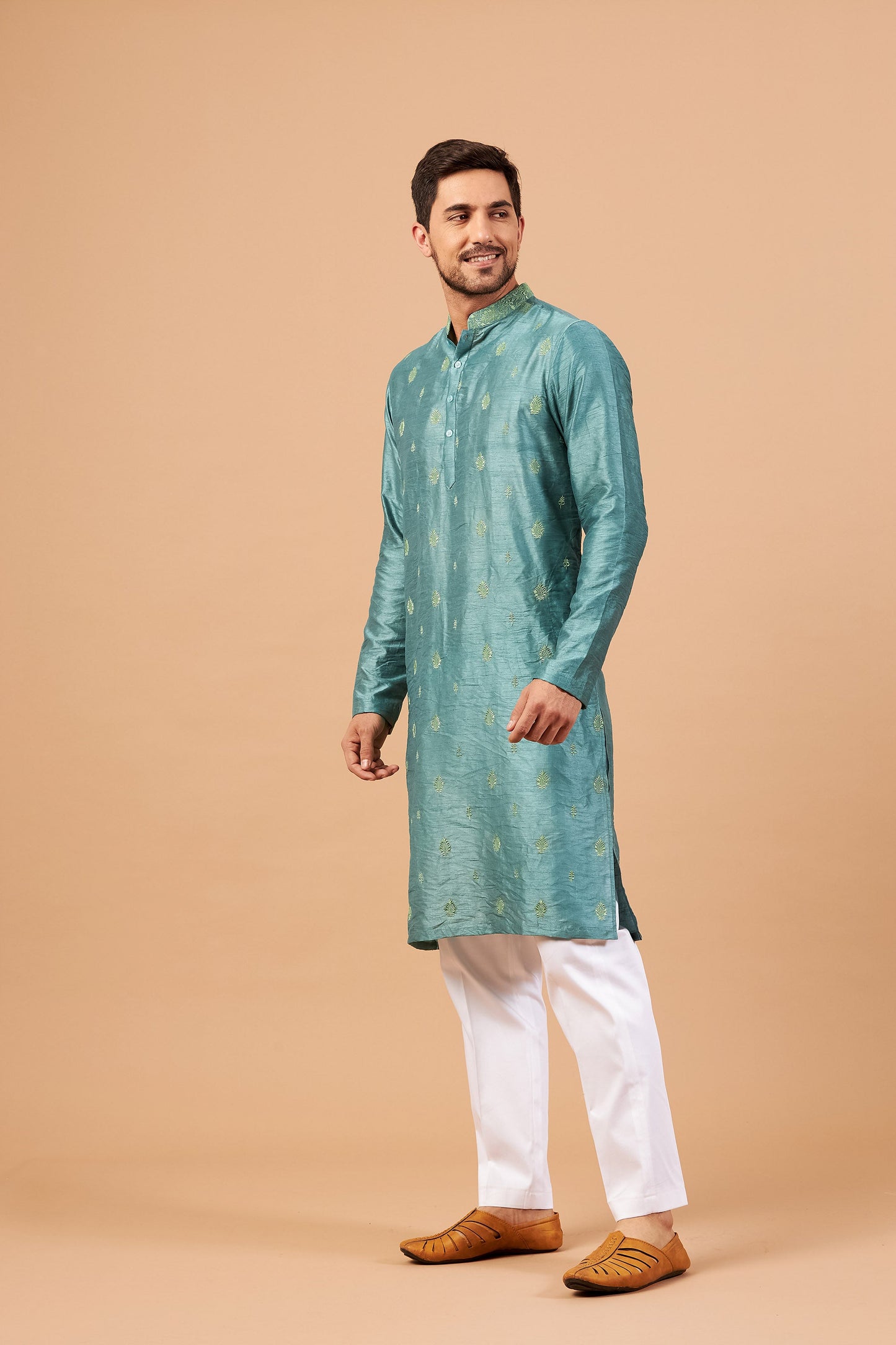 Teal Semi Raw Silk Machine Embroidered Festive ( only Kurta )