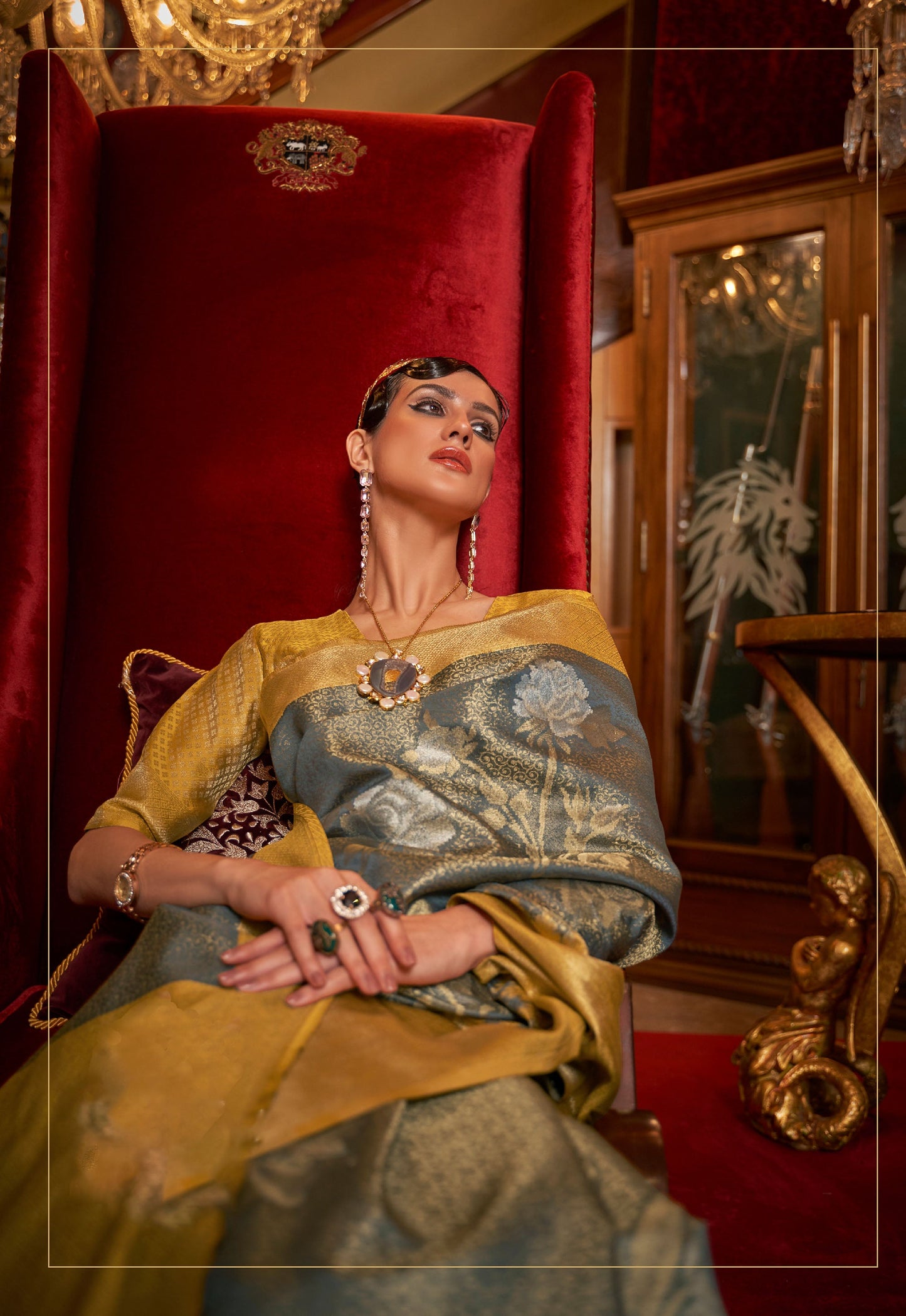 Metallic Blue Yellow Kshimmer Silk Handloom Saree