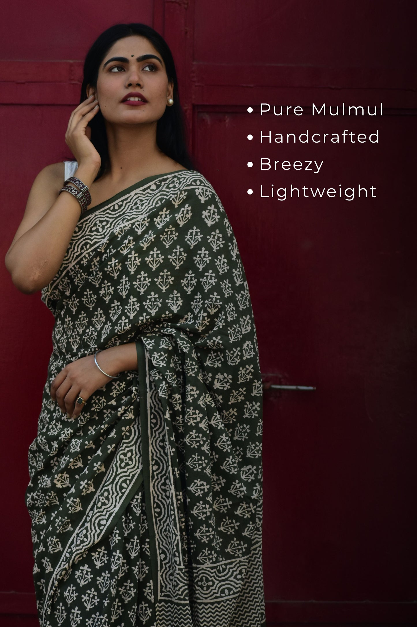 Moody Mama - Mulmul Cotton Block Printed Green Saree