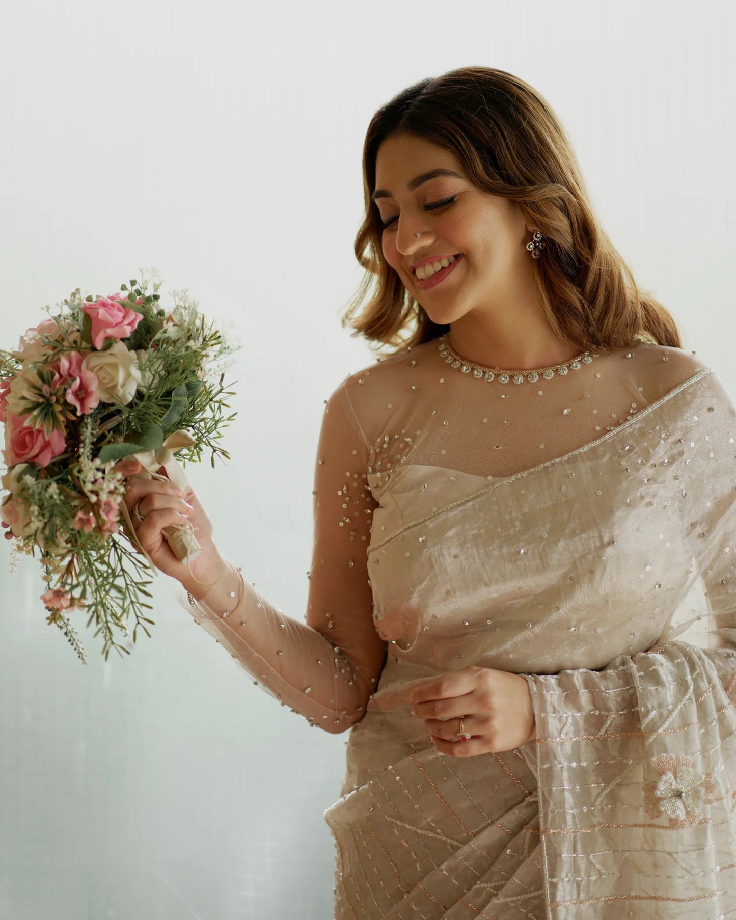 Beautiful bridal tissue saree blend of rhinestones with emblished 3Dwork