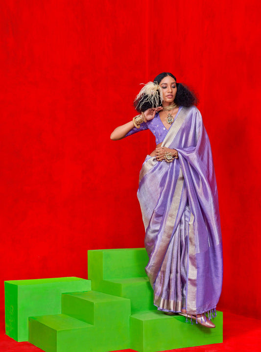 Lavender Kontigo Pure Viscose Zari Tissue Saree