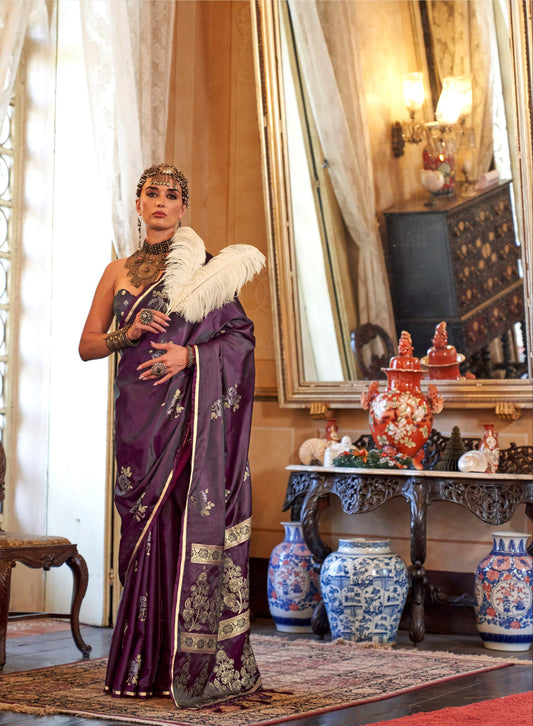 Maroon Kanthkala Satin Silk Handloom Saree