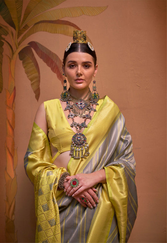 Yellow and Grey Kalamari Handloom Silk Saree