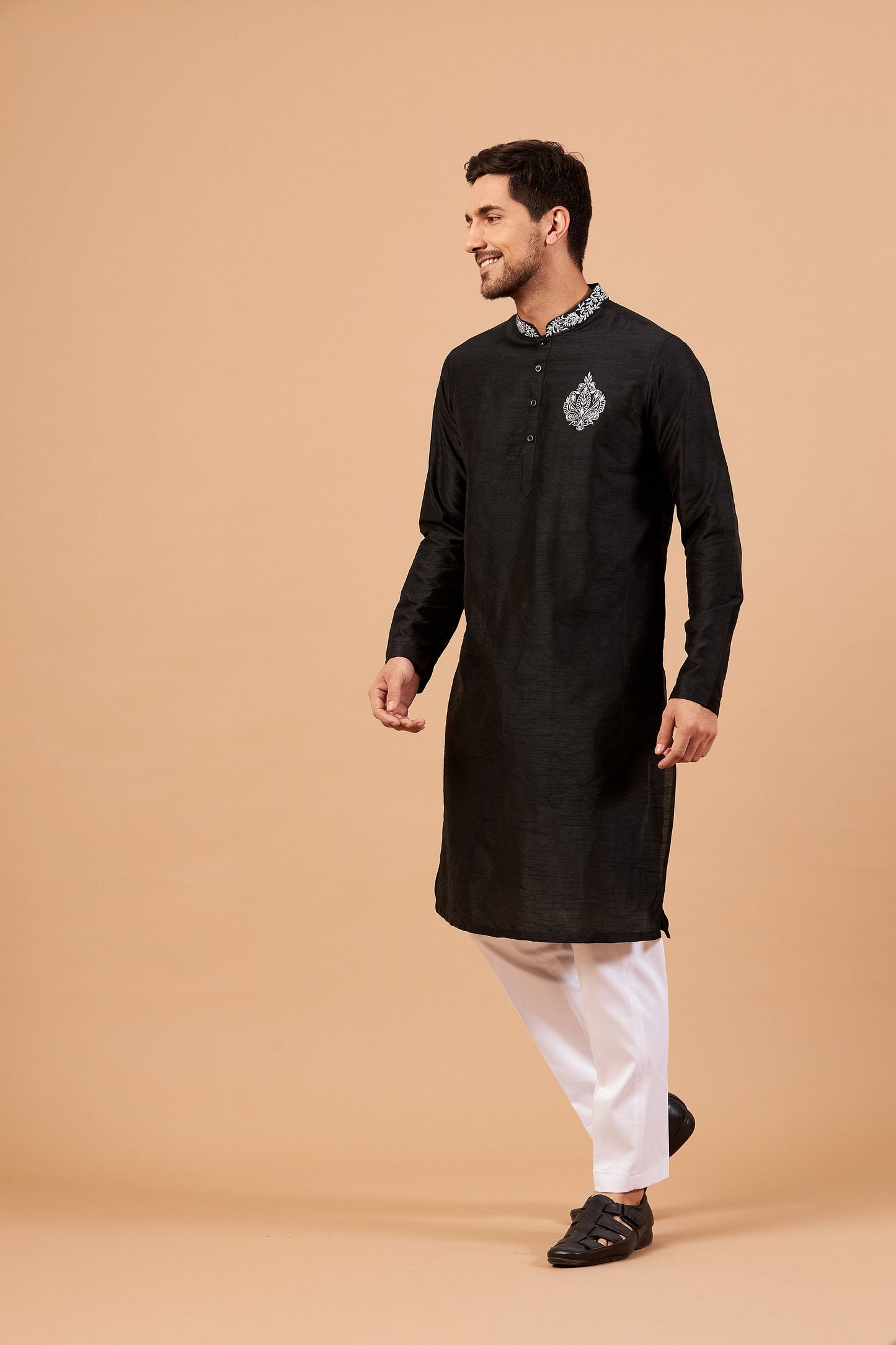 Black Machine Embroidery Semi Raw Silk ( only Kurta )