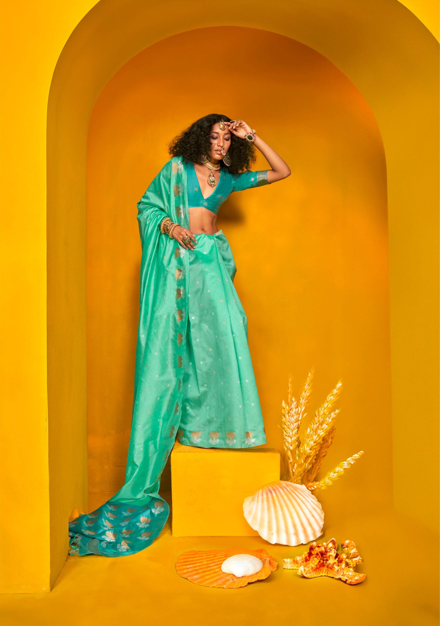 Teal Green Krystal Lotus Tussar Handloom Saree