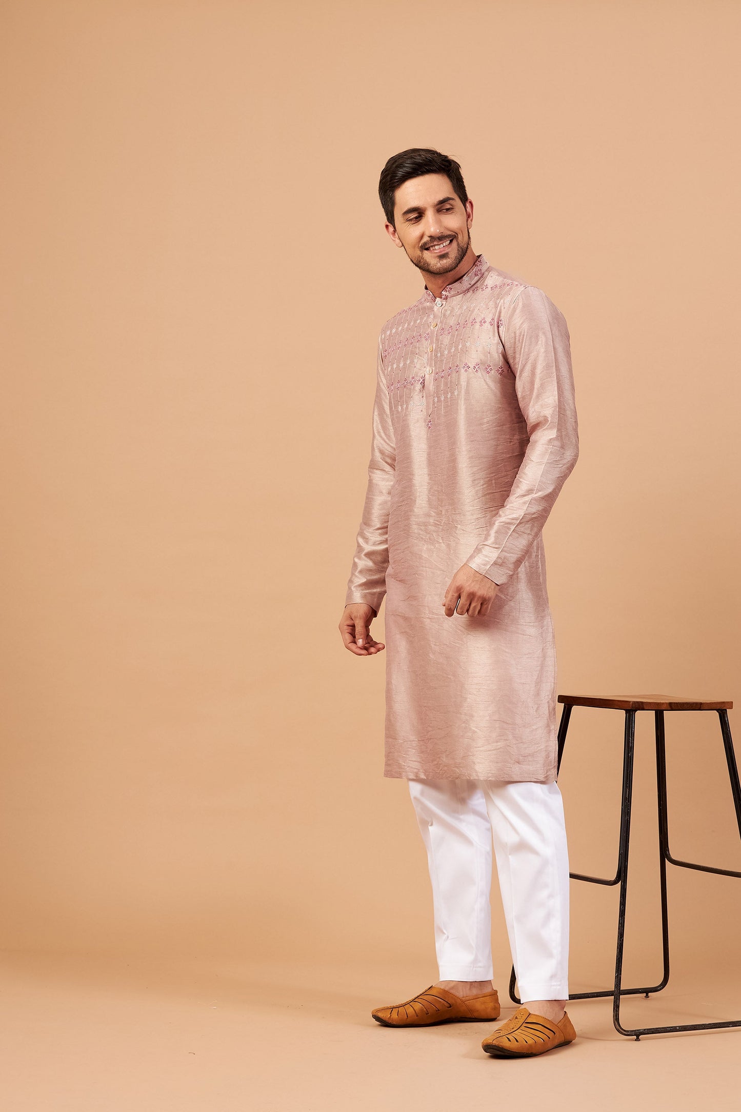 Beige Brown Semi Raw Silk Machine Embroidery Casual ( only Kurta )