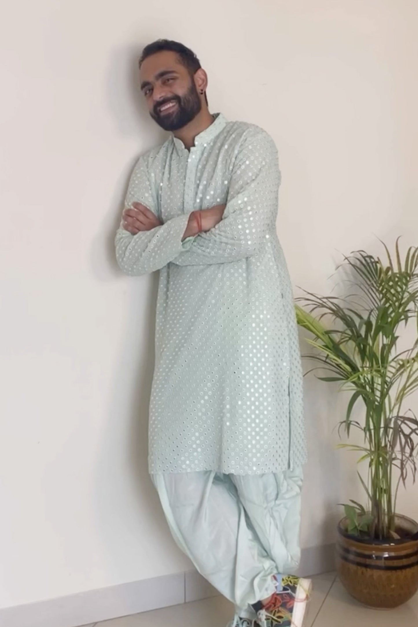 Pista Green Mirror Work Festive ( only Kurta )