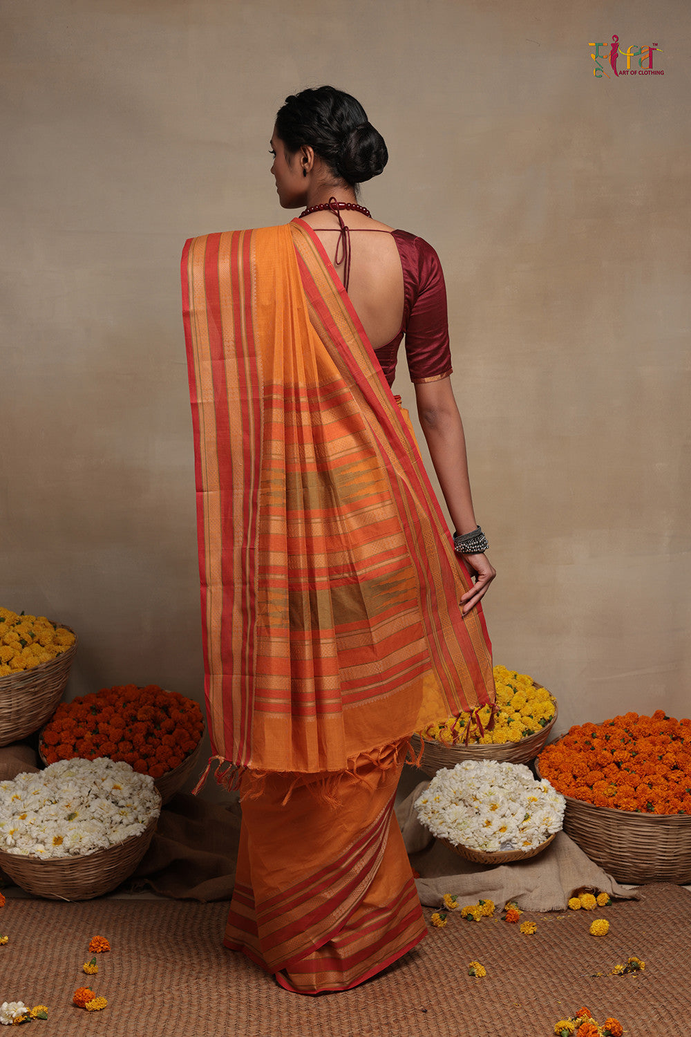 Handloom Atomic Orange Pure Cotton Kanchi Saree