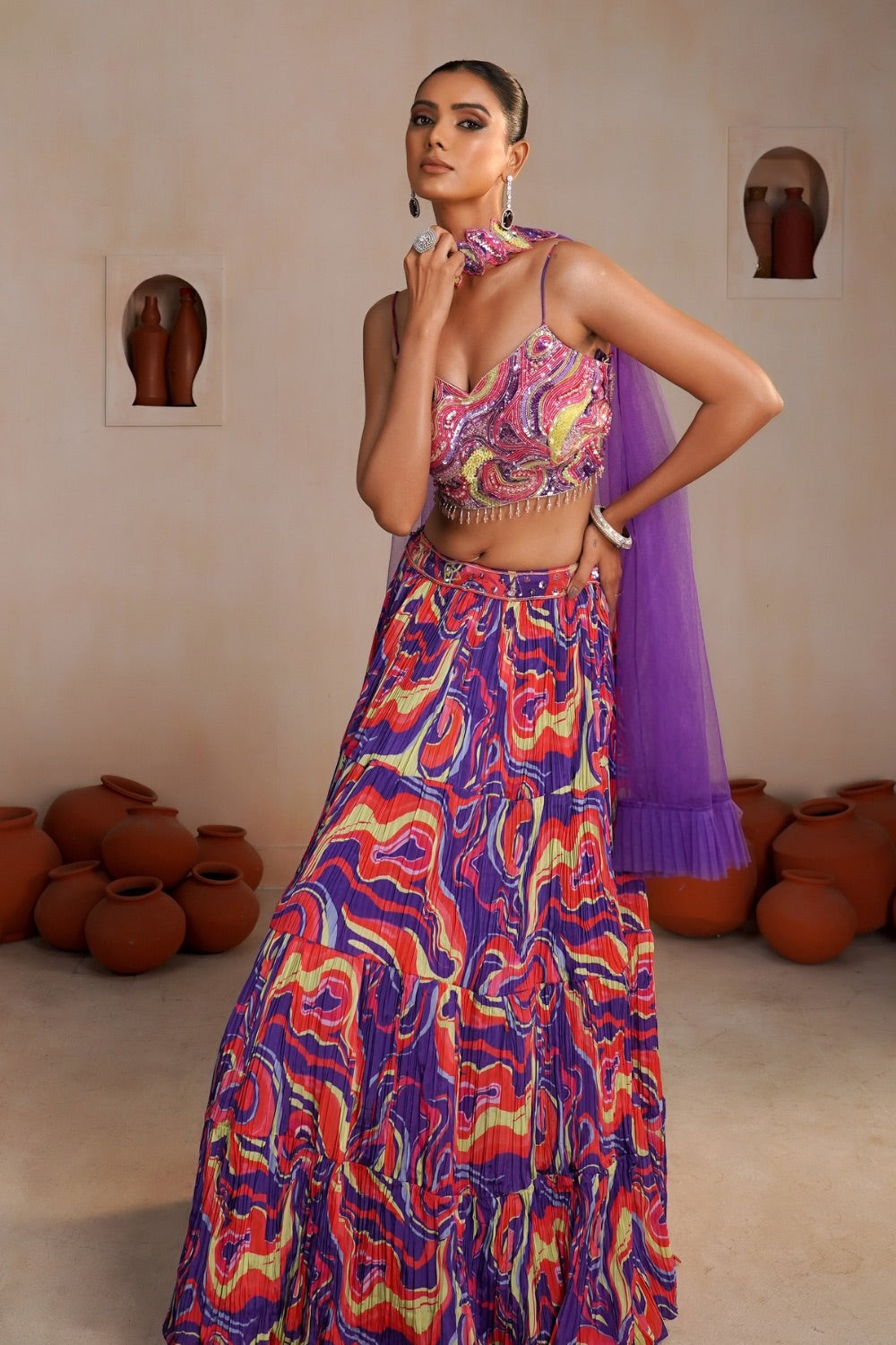 Multicolour Crepe Silk lehenga choli