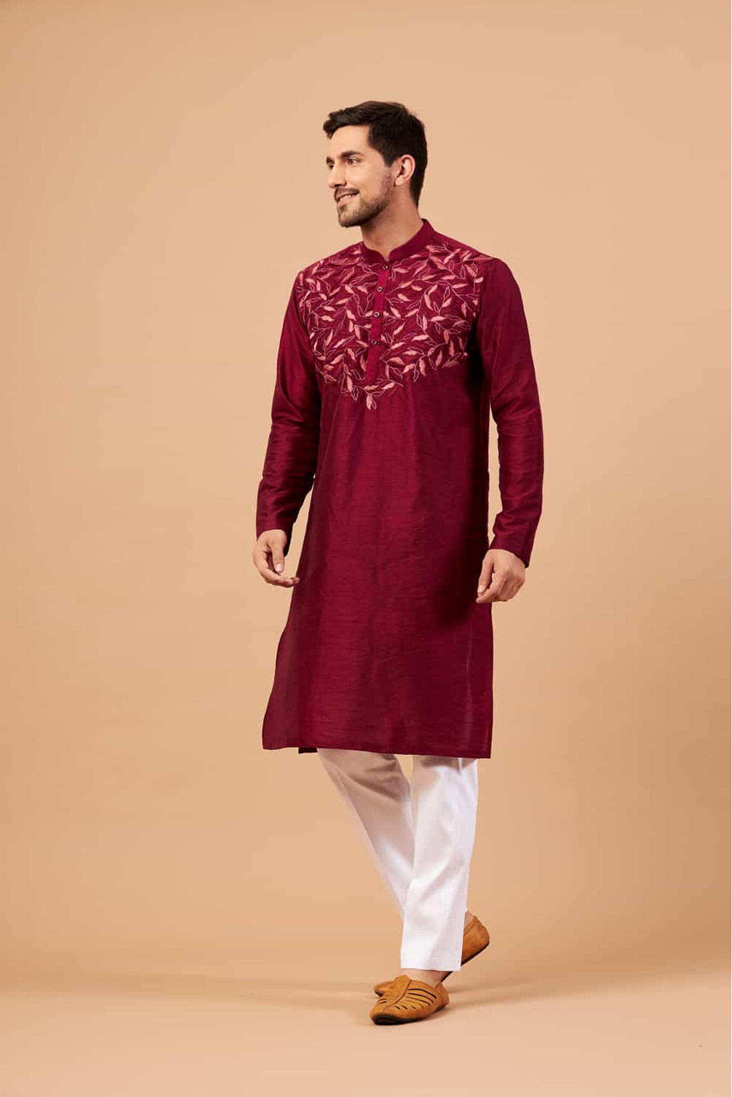 Magenta Semi Raw Silk Hand Embroidered ( only Kurta )