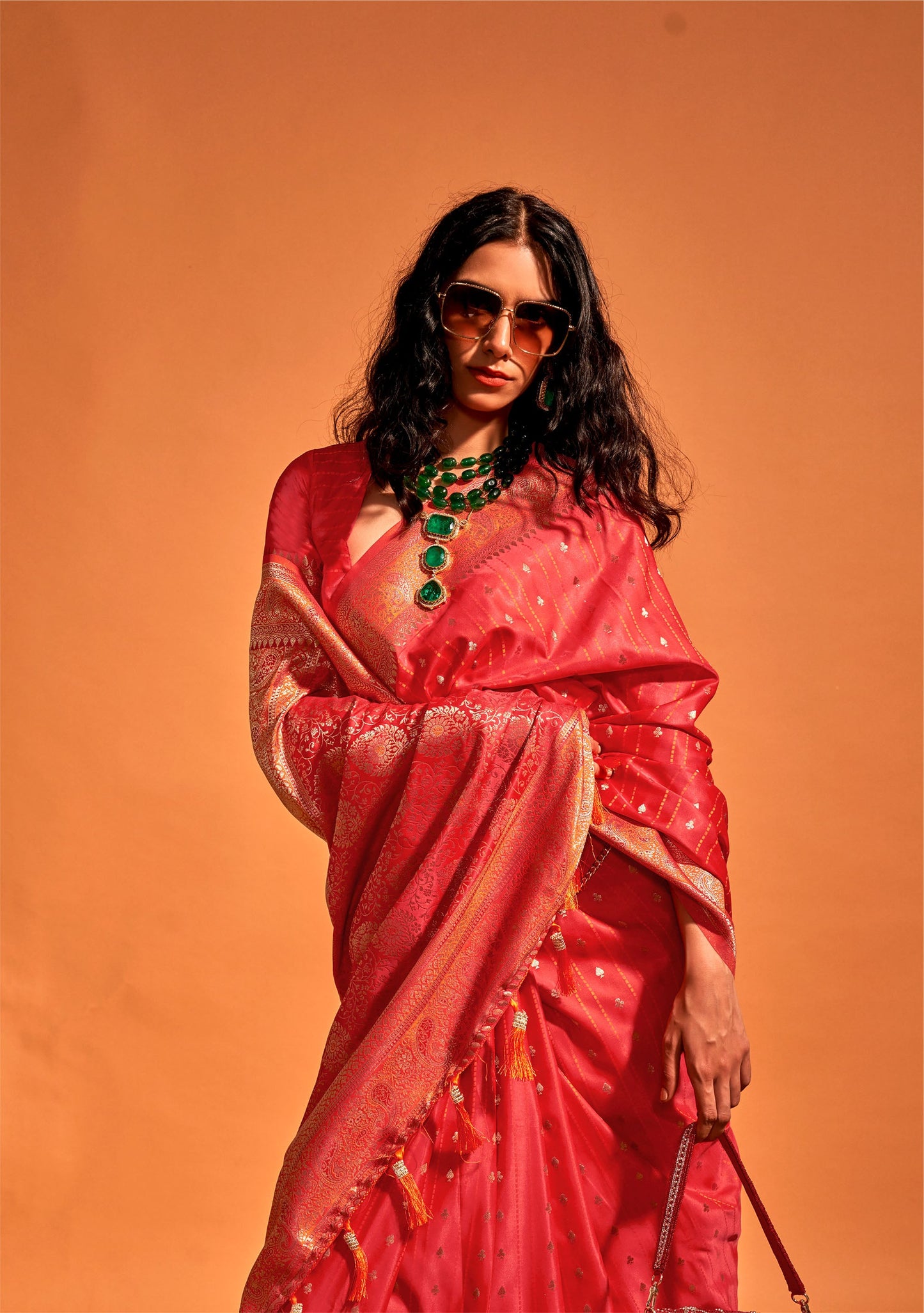 Crimson Red Karnaal Pure Satin Handloom Silk Saree