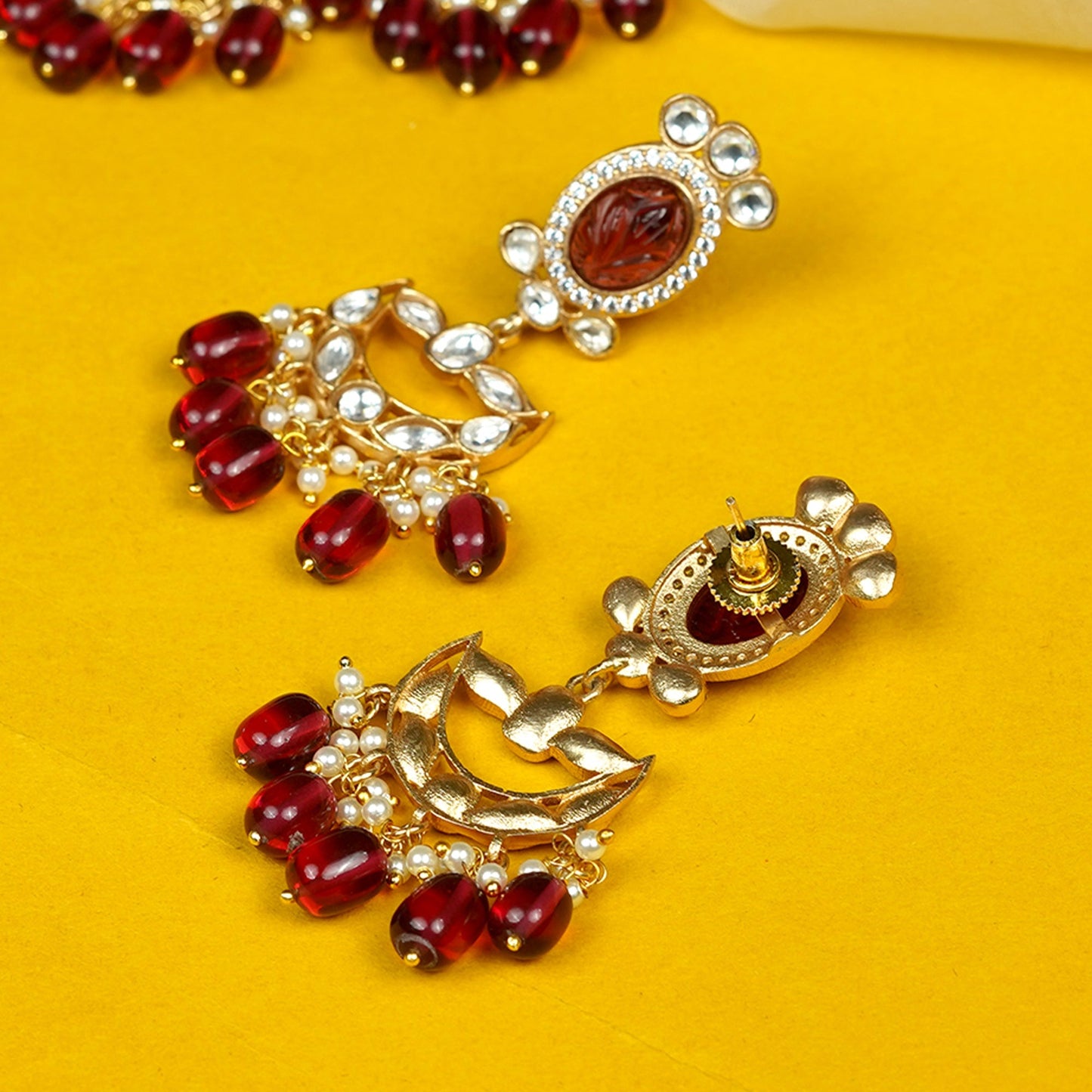 Zevar Club White Pearl Beaded Choker Necklace Set with Maroon Stone & White Kundan Studded Pendant and Earrings for Women