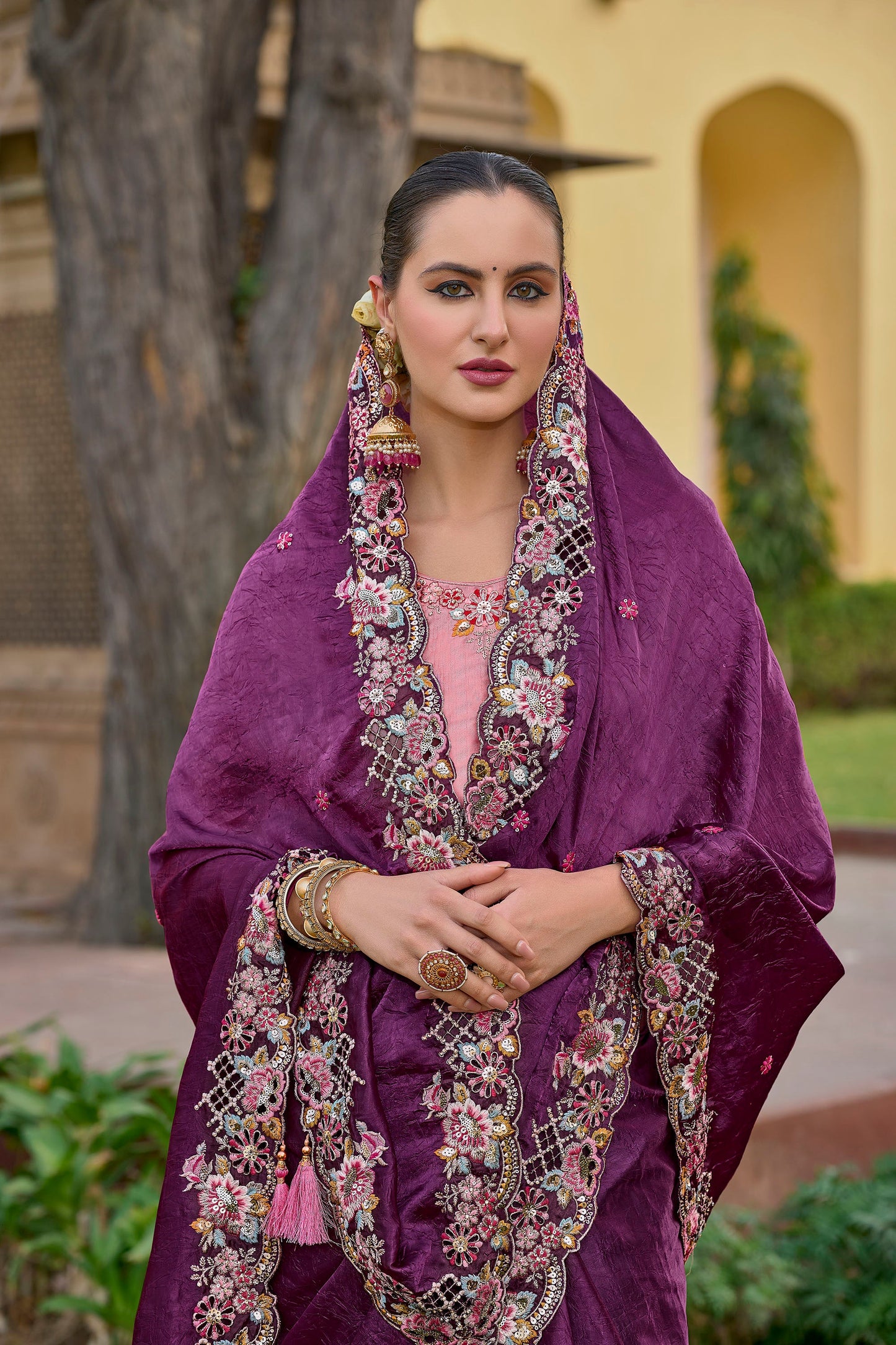 Purple Art Silk With Stone & Cut Work Festive Saree