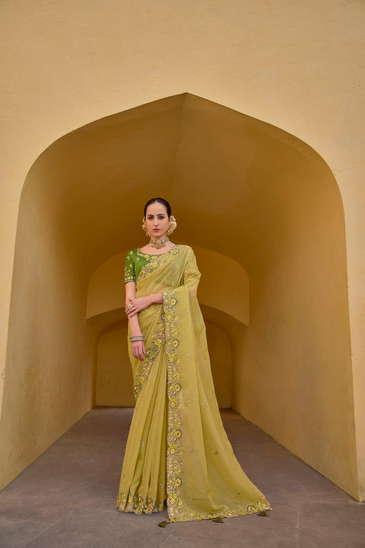 Yellow Art Silk With Stone & Cut Work Haldi Saree