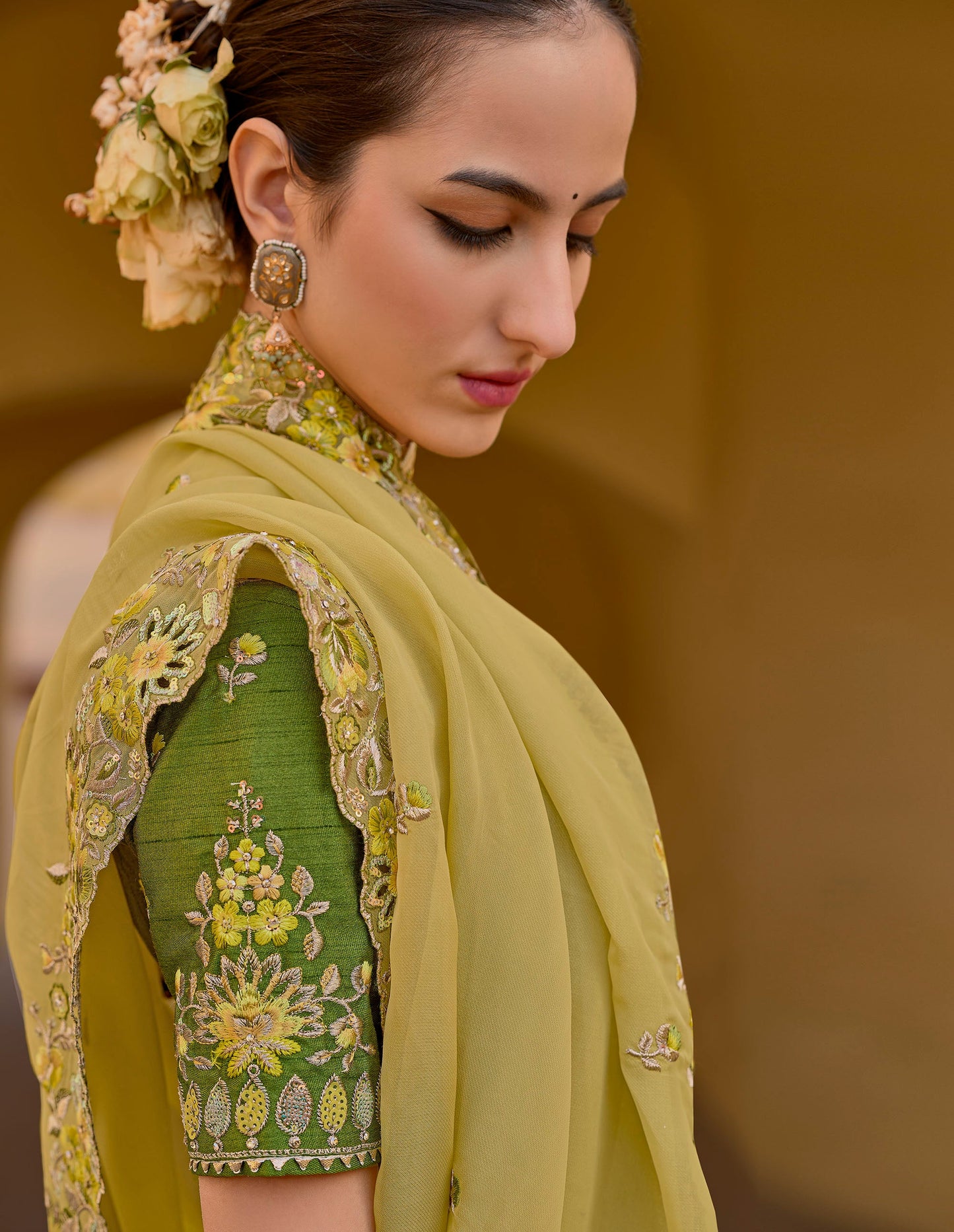 Yellow Art Silk With Stone & Cut Work Haldi Saree