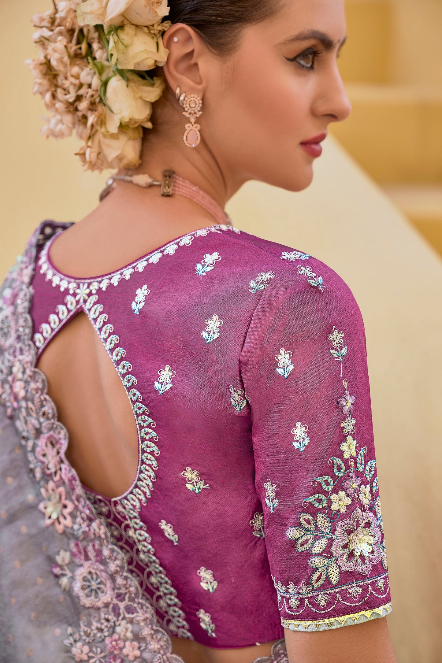 Grey Art Silk With Stone & Cut Work Saree