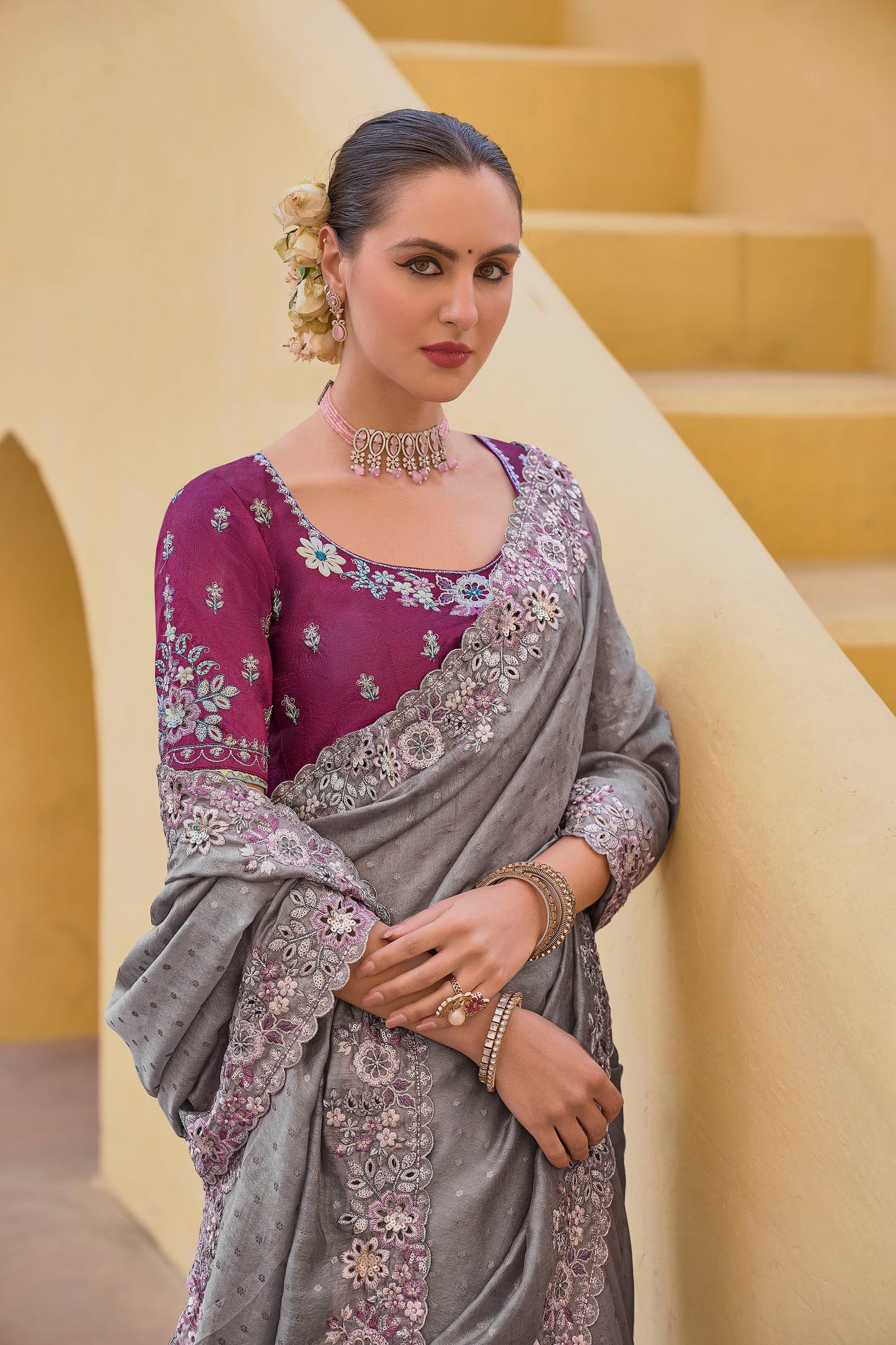 Grey Art Silk With Stone & Cut Work Saree