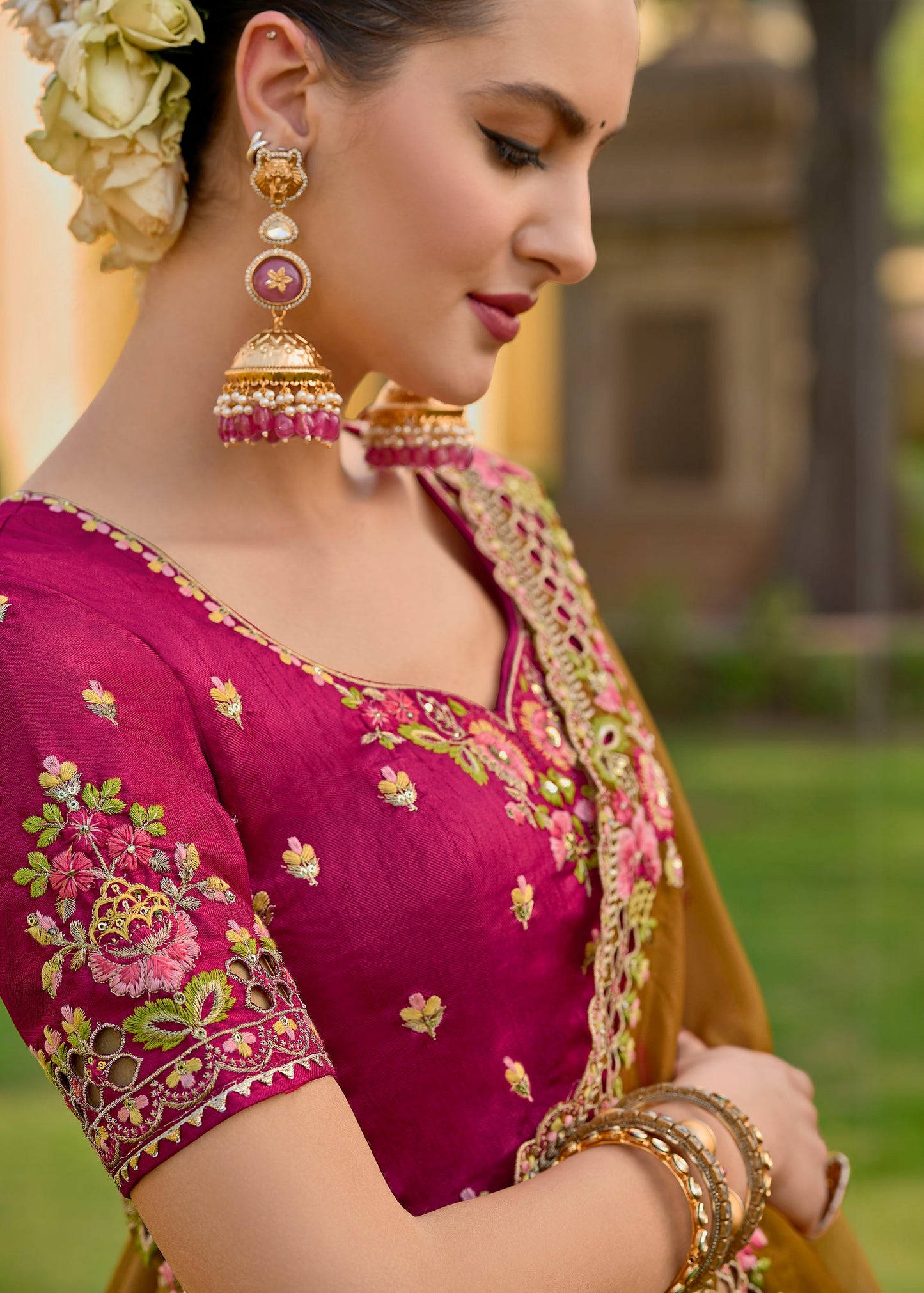 Light Brown Art Silk With Stone & Cut Work Saree