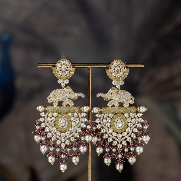 White & Red Zirconia Crystals with Elephant Motif Silver Earrings