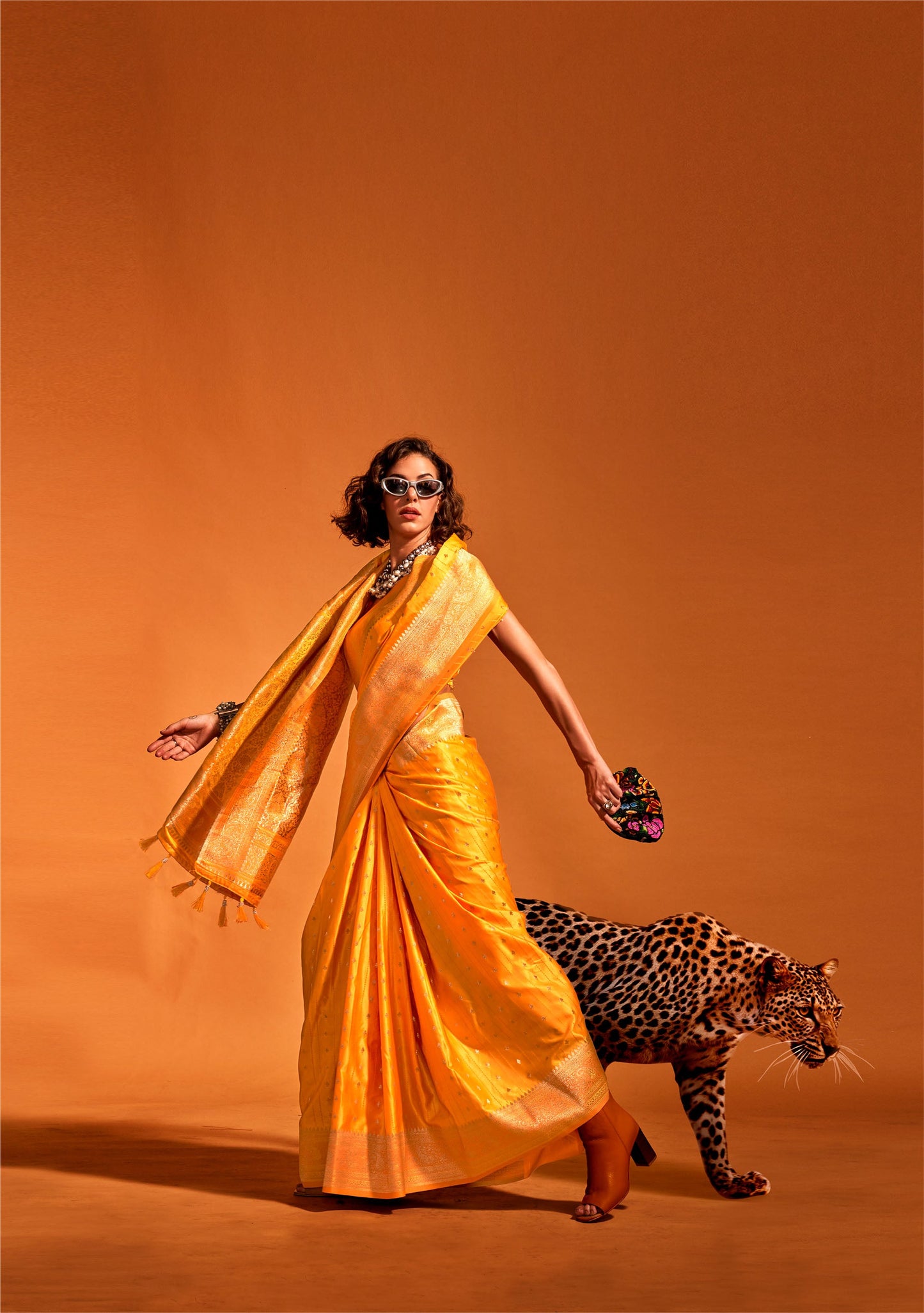 Sunshine Yellow Karnaal Pure Satin Handloom Silk Saree