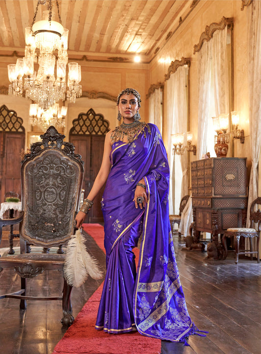 Blue Kanthkala Satin Silk Handloom Saree