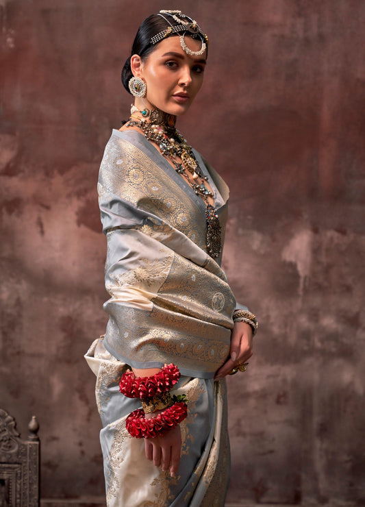 Silver Grey Kookal Rangkaat Handloom Silk Saree