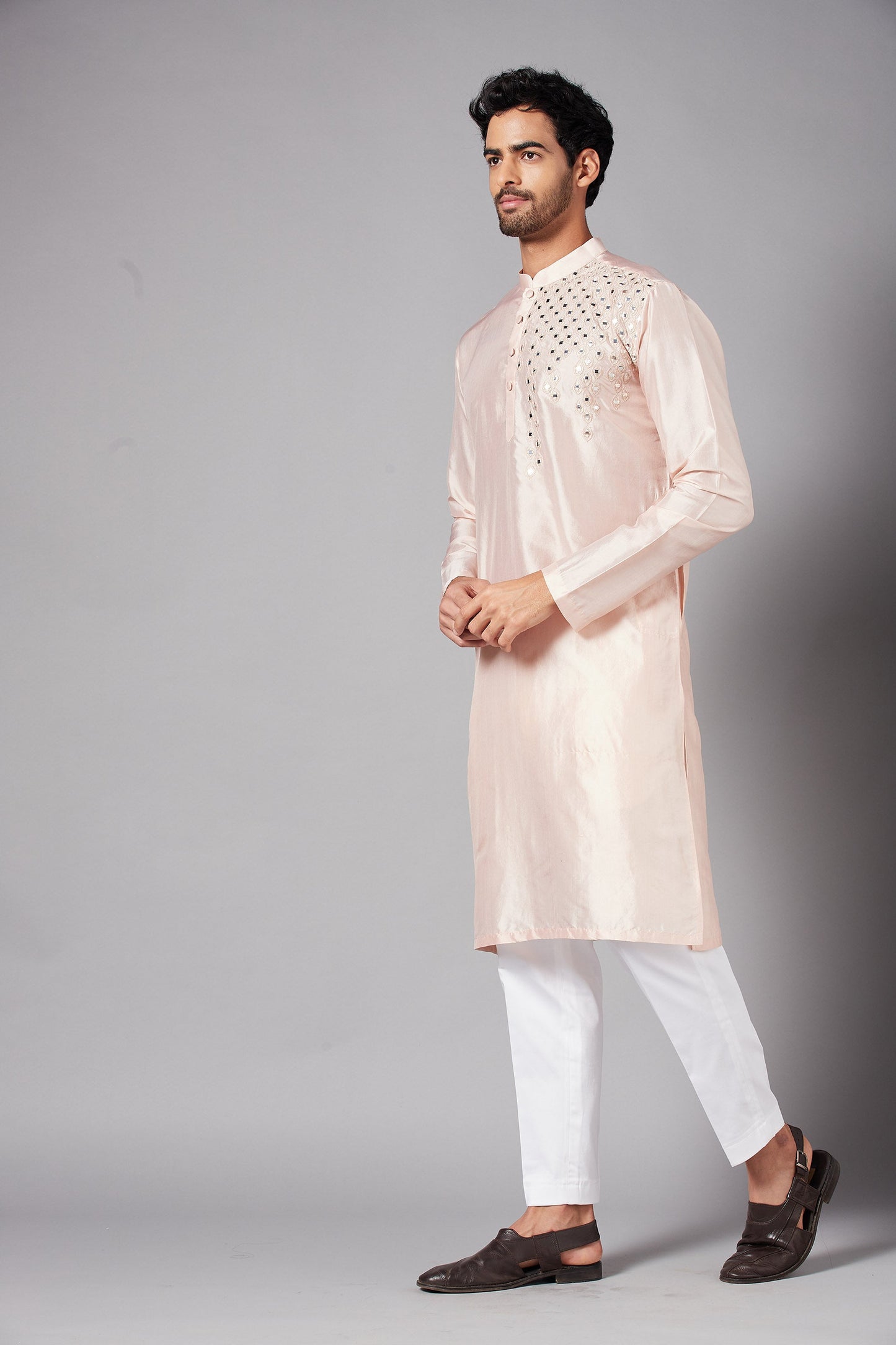 Peach Dupion Silk Mirror Work Festive ( only Kurta )