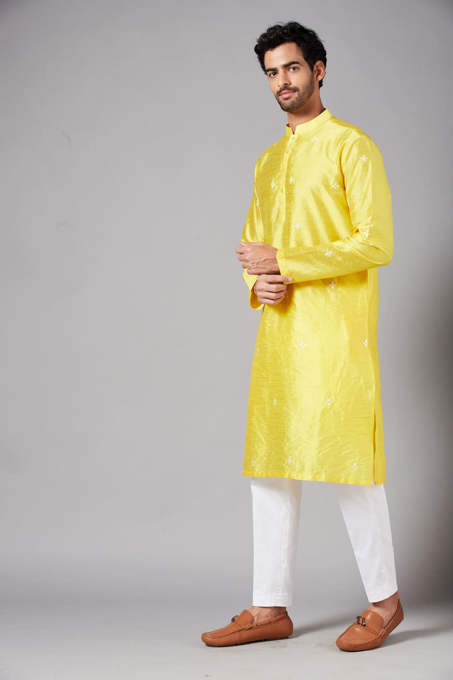 Yellow Raw Silk Thread Embroidered Festive ( only Kurta )