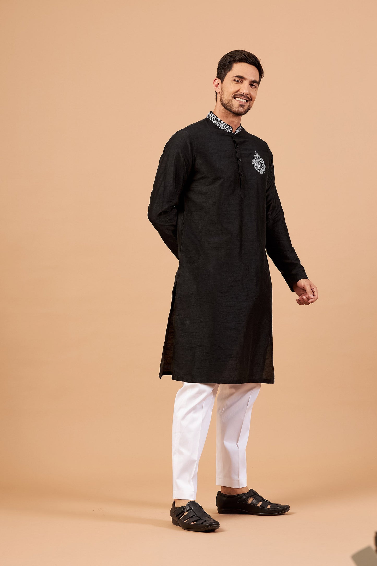 Black Machine Embroidery Semi Raw Silk ( only Kurta )