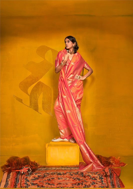 Orange Karnival Two Tone Handloom Weaving Silk Saree