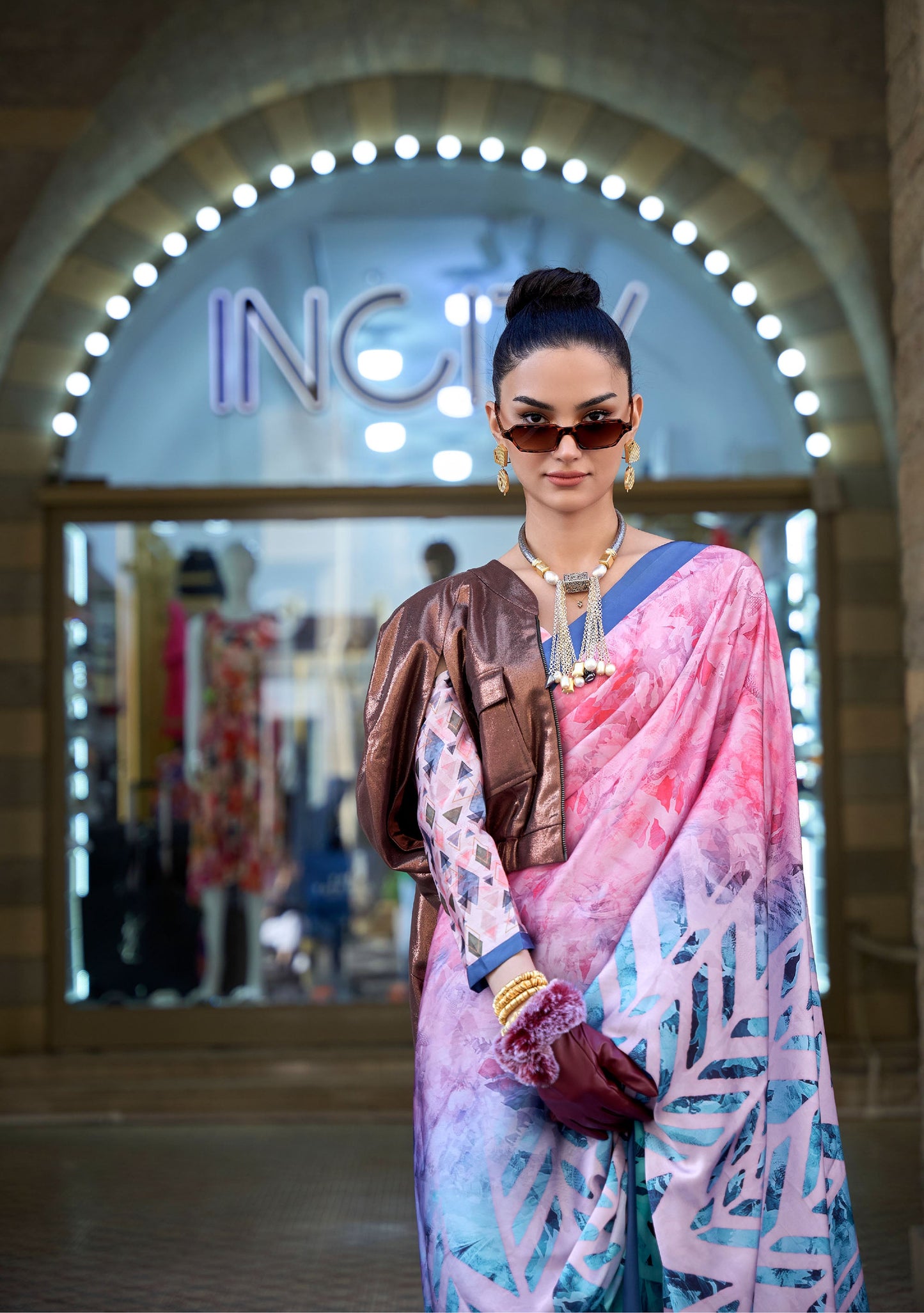 Blue Pink Klora Satin Crepe Digital Print Saree