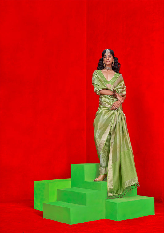 Mint Green Kontigo Pure Viscose Zari Tissue Saree