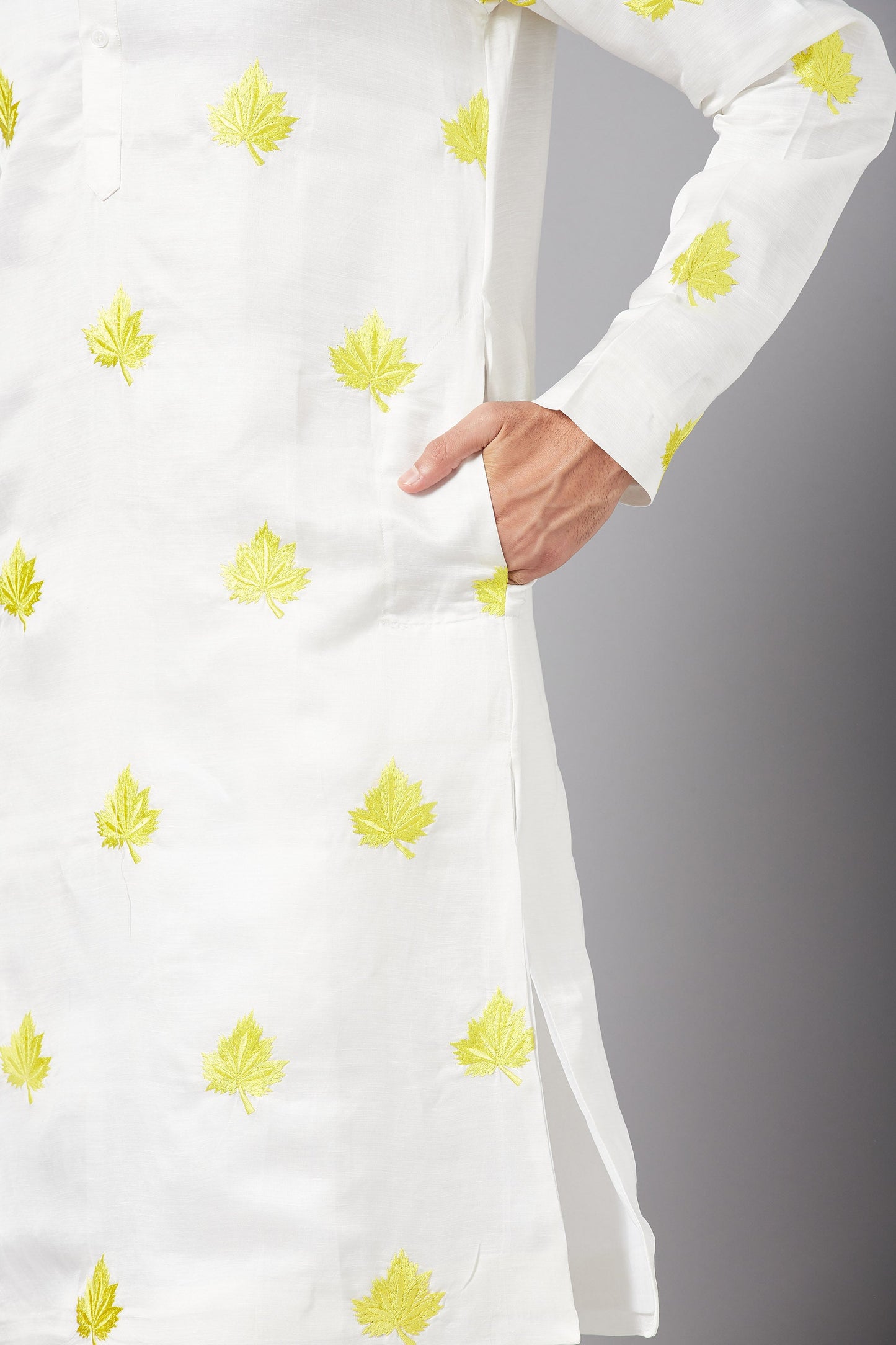 White Linen Satin Motif Embroidered Festive ( only Kurta )