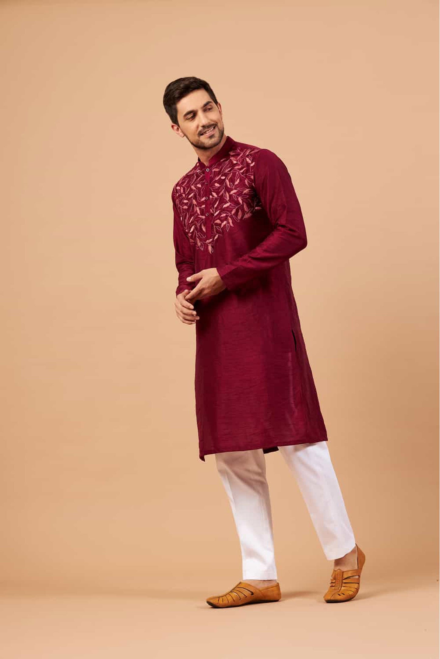 Magenta Semi Raw Silk Hand Embroidered ( only Kurta )