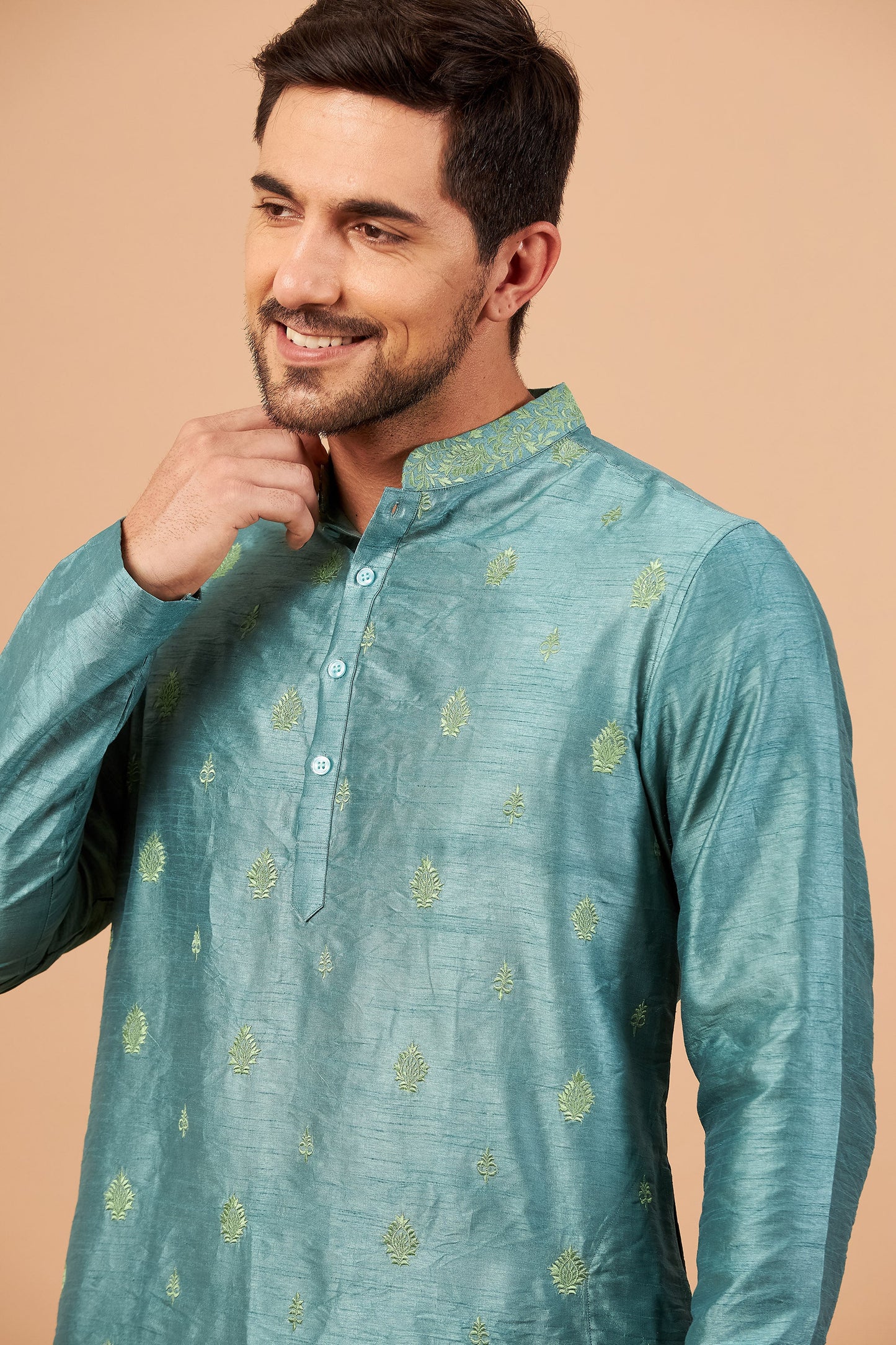 Teal Semi Raw Silk Machine Embroidered Festive ( only Kurta )