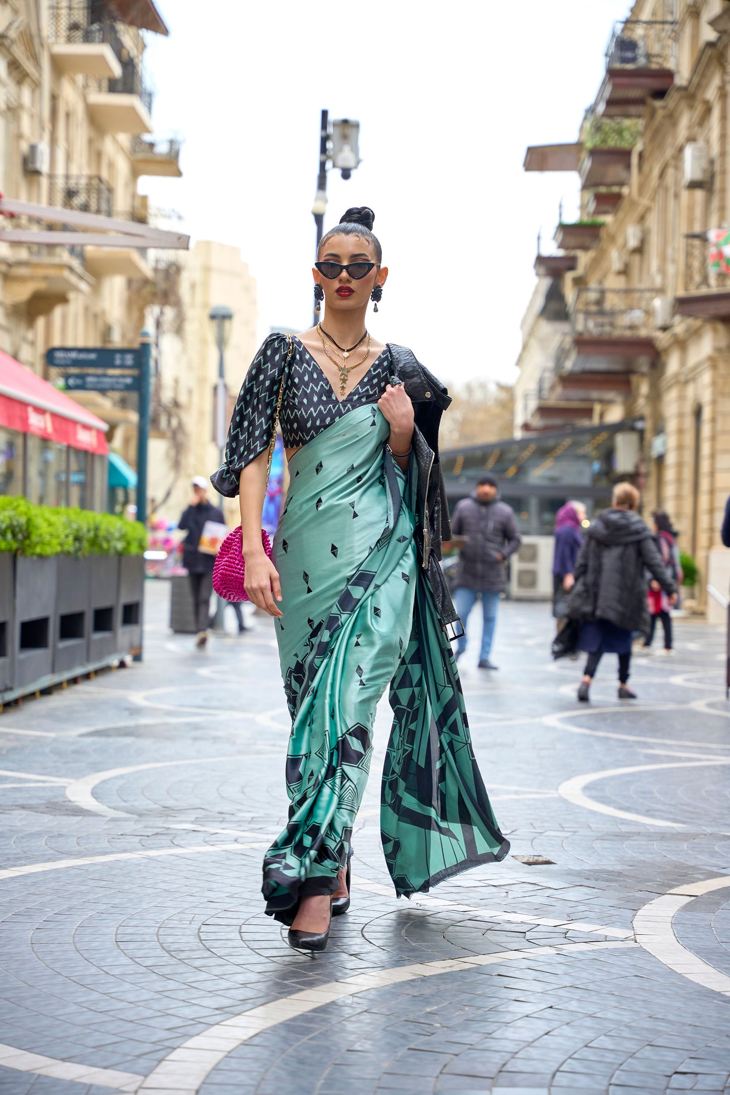 Light Green Klutch Japan Satin Print Saree
