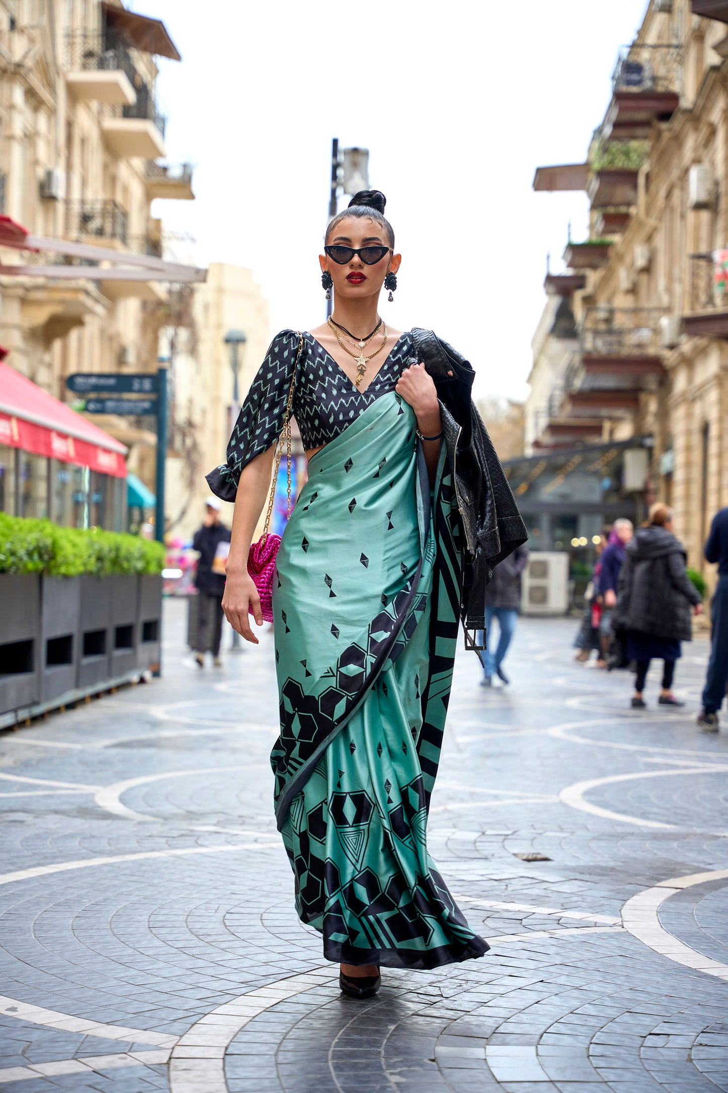 Light Green Klutch Japan Satin Print Saree