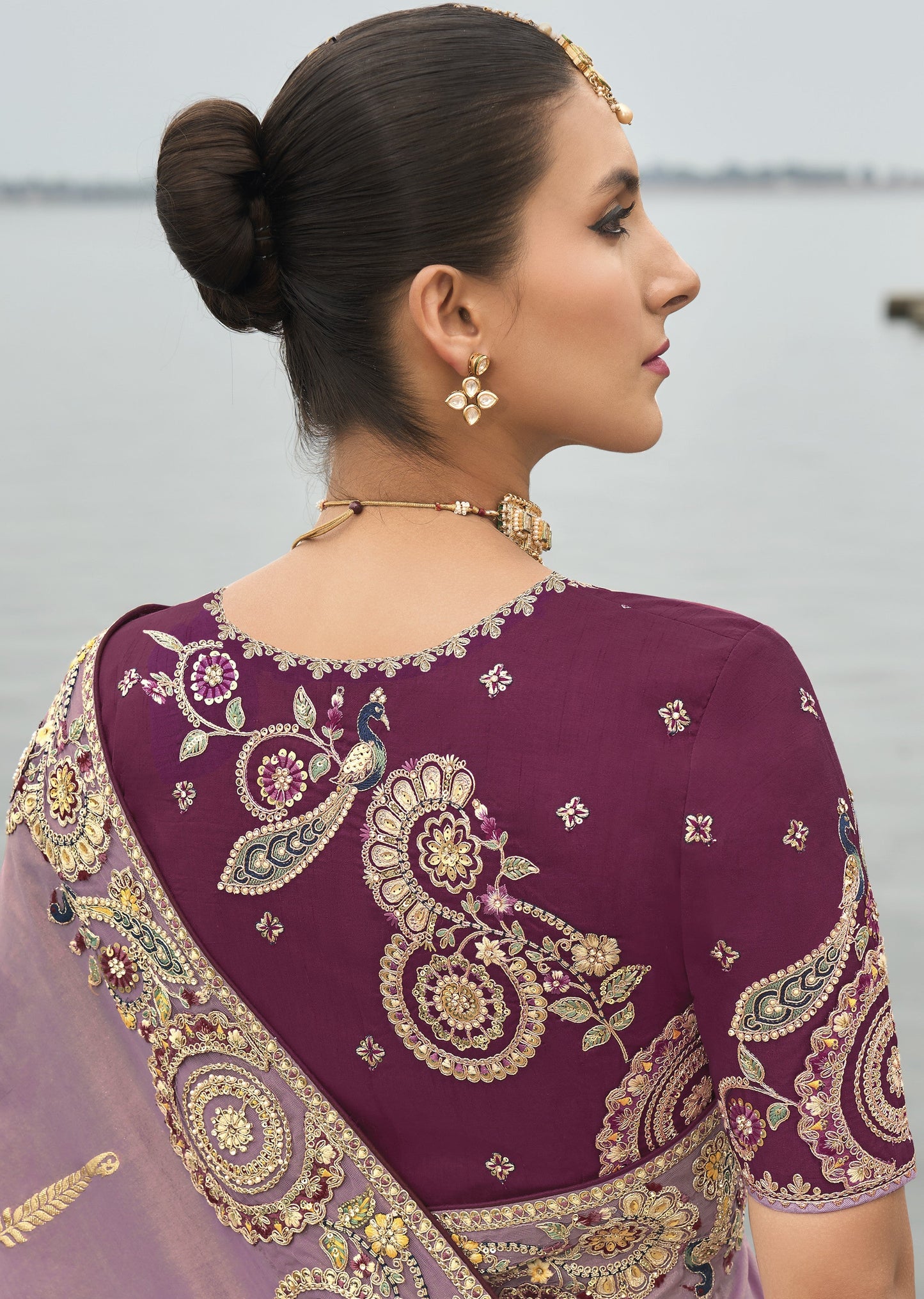 Lavender Viscose Silk With Embroidery Butti Work Border Saree