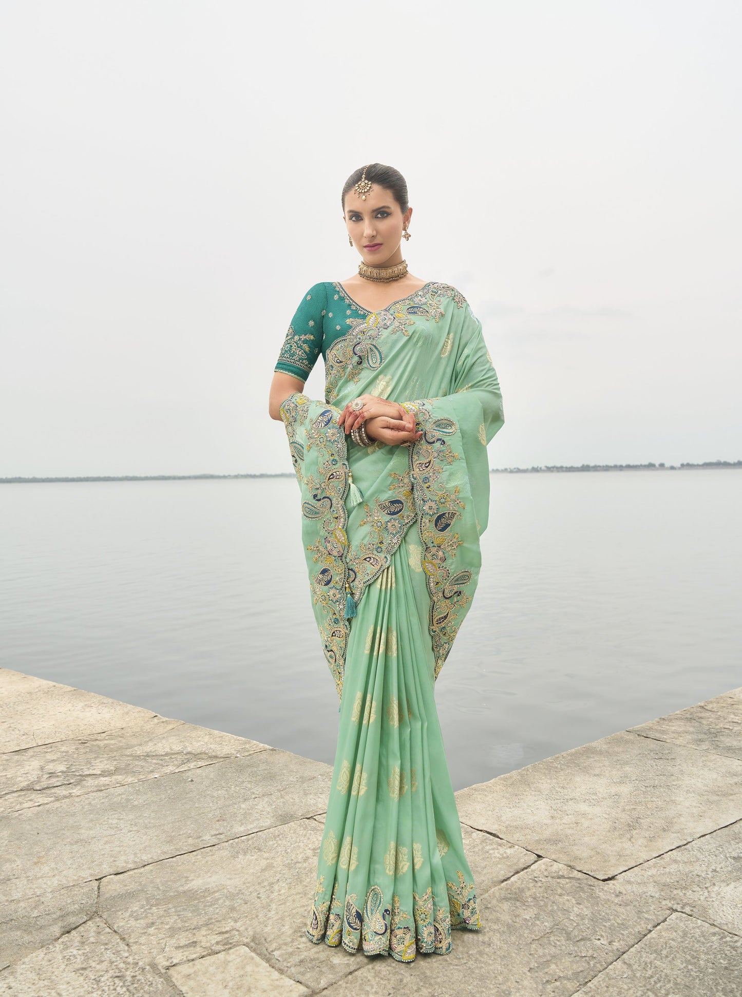 Teal Green Viscose Silk With Embroidery Butti Work Border Saree