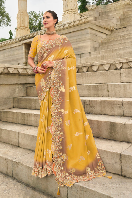 Yellow Viscose Silk With Sequins Embroidery Haldi Saree