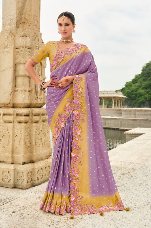 Yellow and Purple Viscose Silk With Sequins Work Saree