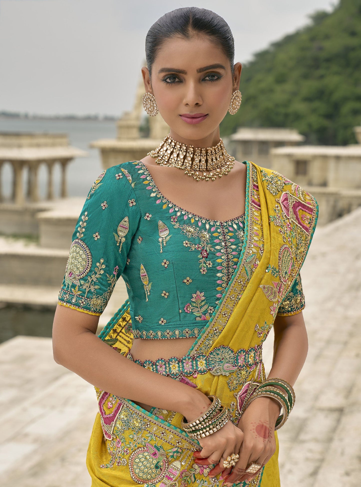 Yellow Pure Viscose Jacquard Khatli, Zari Embroidered Haldi Saree