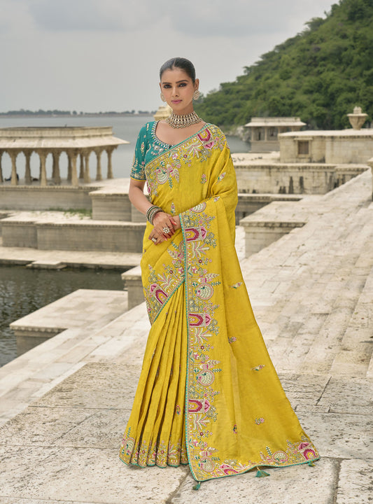 Yellow Pure Viscose Jacquard Khatli, Zari Embroidered Haldi Saree