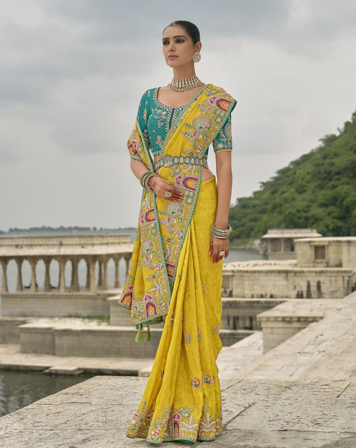 Yellow Pure Viscose Jacquard Khatli, Zari Embroidered Haldi Saree