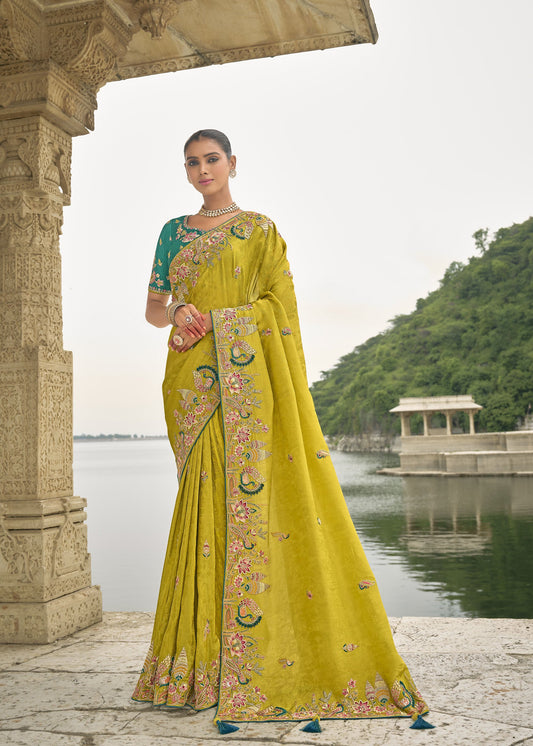 Yellow Pure Viscose Jacquard Khatli, Zari Embroidered Haldi Saree