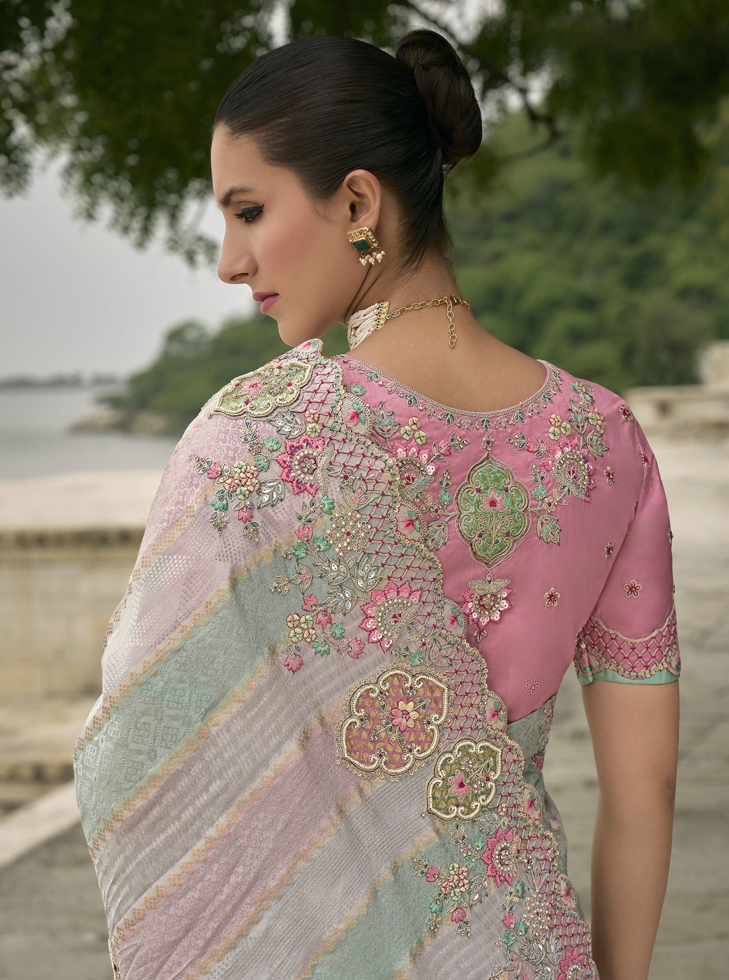 Pink and Sea Green Pure Viscose Jacquard Khatli, Zari Embroidered Saree
