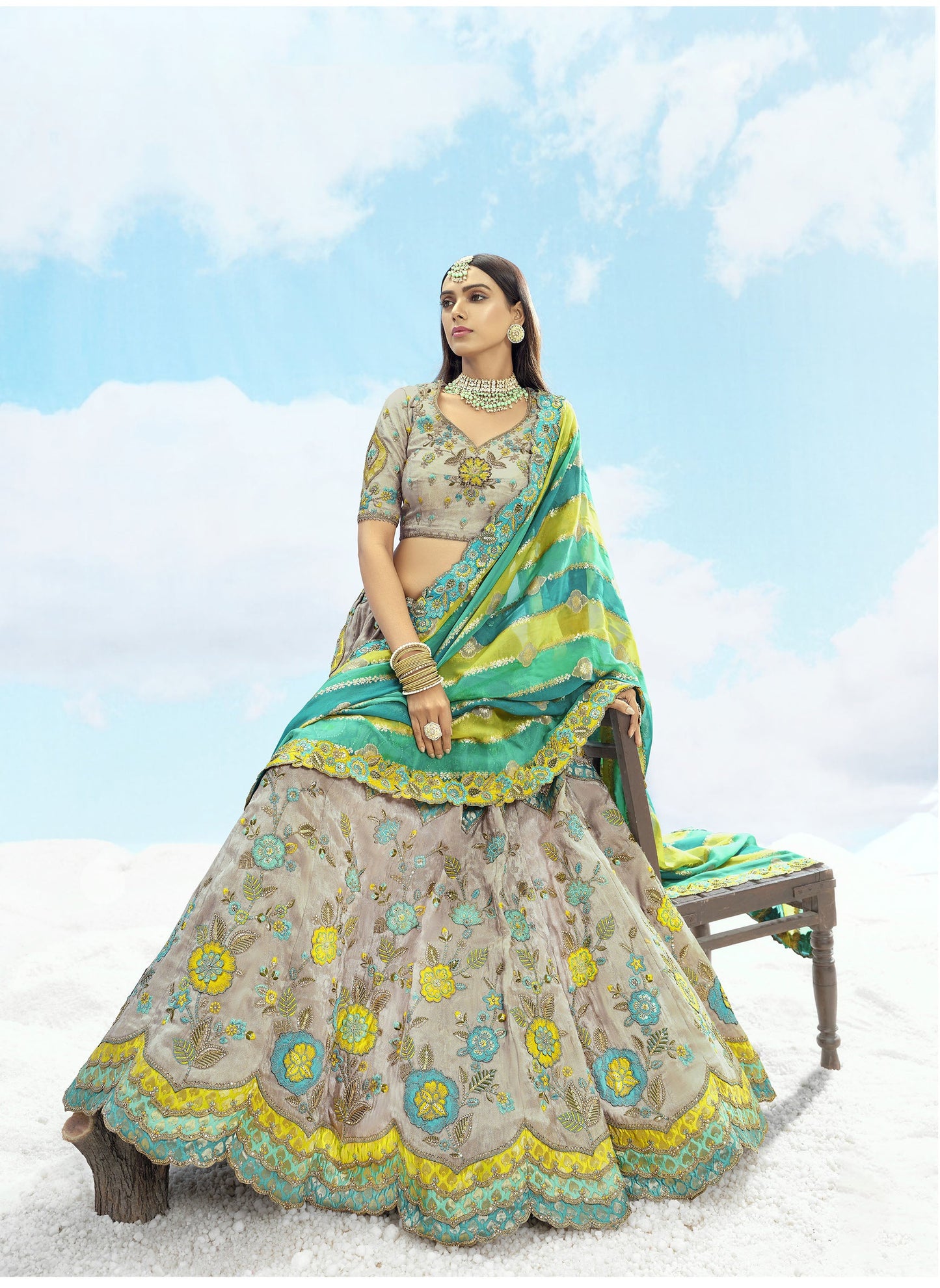 Grey and Green Jacquard Art Silk Resham, Zari Embroidery Sangeet Lehenga