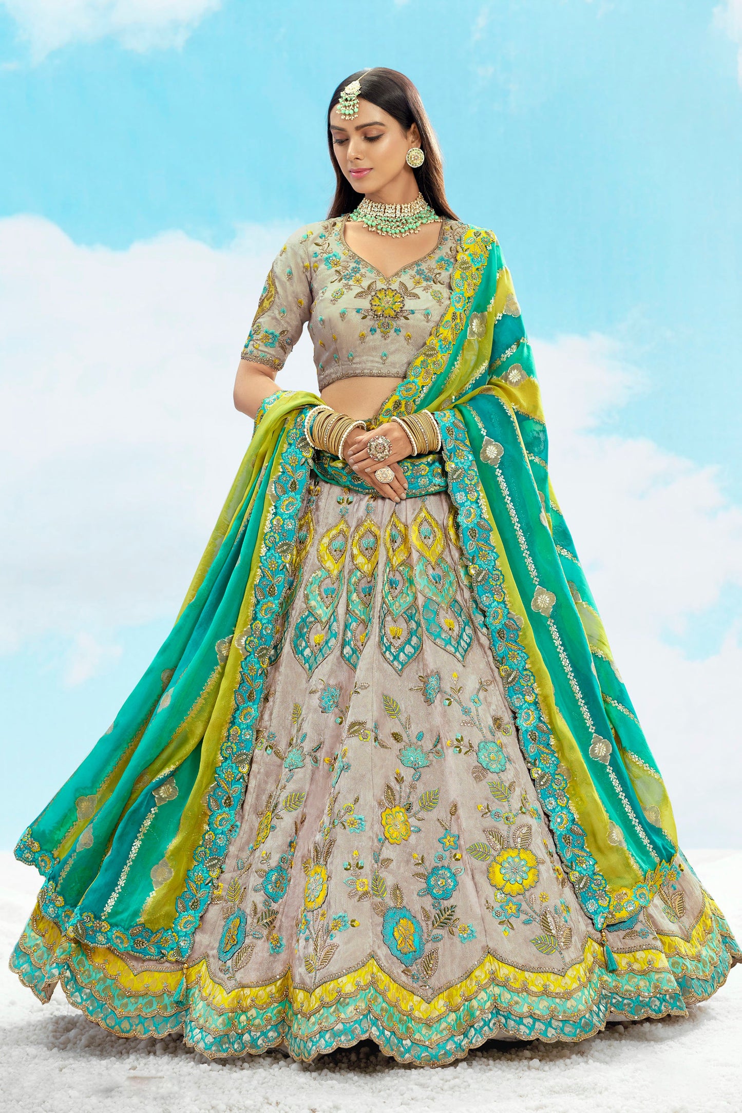 Grey and Green Jacquard Art Silk Resham, Zari Embroidery Sangeet Lehenga