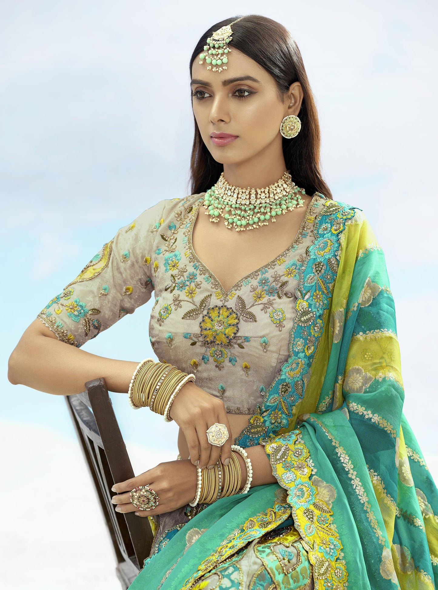 Grey and Green Jacquard Art Silk Resham, Zari Embroidery Sangeet Lehenga